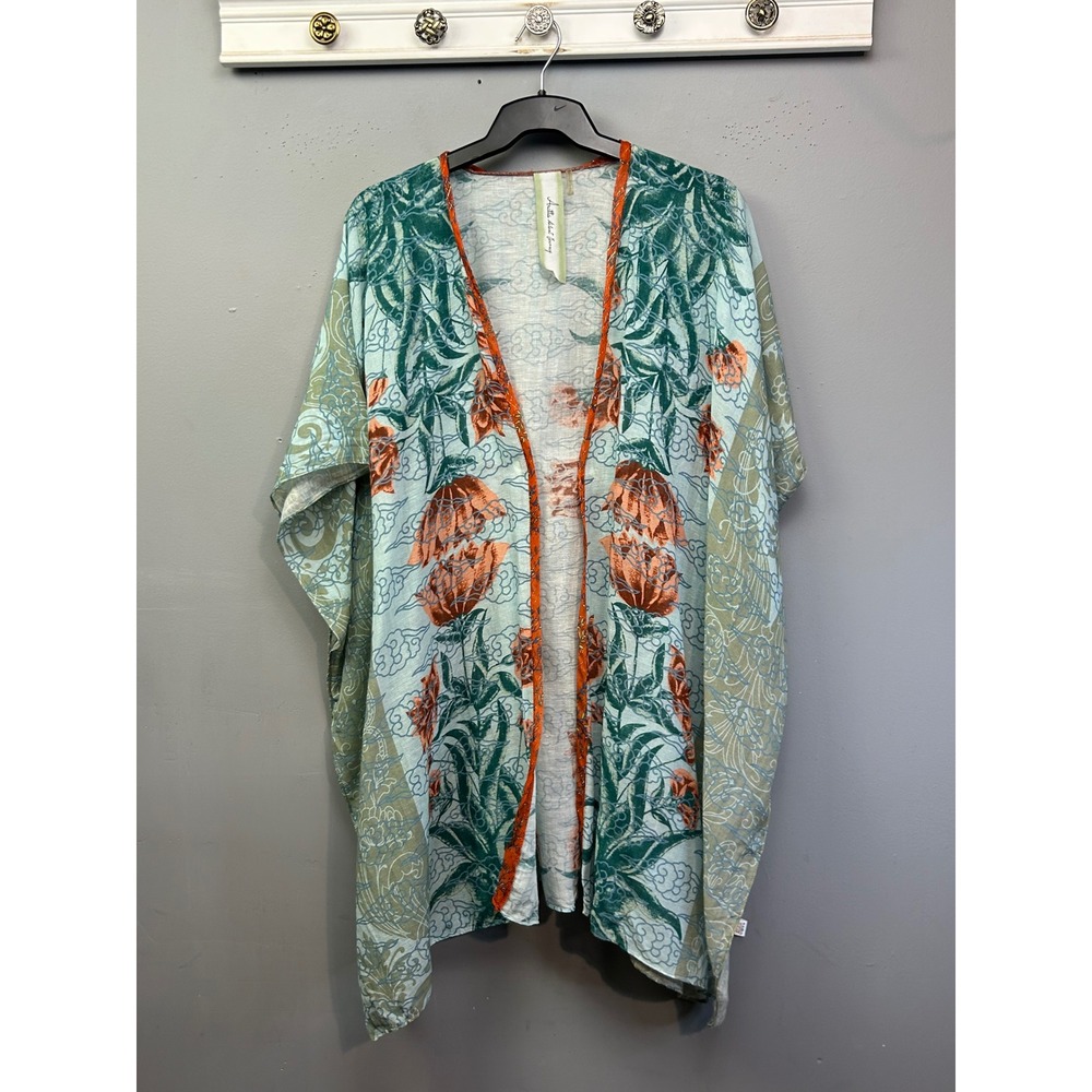Aratta Silent Journey Kimono Womens OS Blue Floral Cloud Boho Wrap Open Front